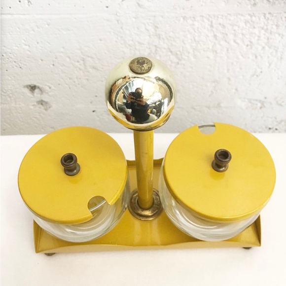 VINTAGE Mustard Yellow & Brass Retro Condiment Holder - Picture 2 of 14